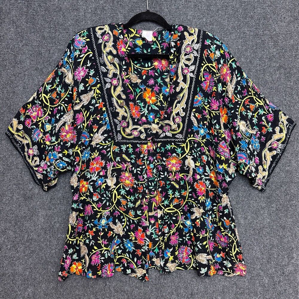 VTG Gottex Black Birds Tunic Cover Up 70s Tropical Beach Boho Art to Wear L